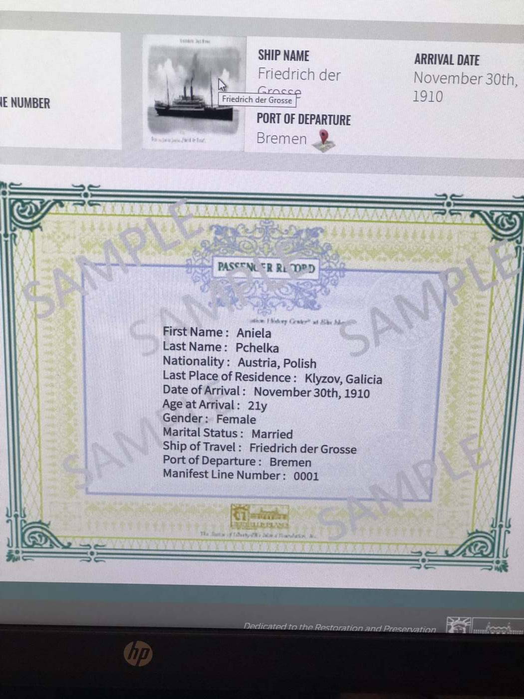 Ellis Island passenger record for Aniela Pchelka