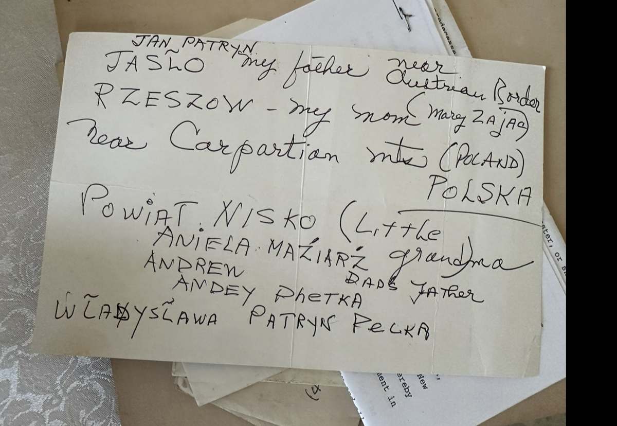 Grandma Pat's handwritten note naming the ancestors