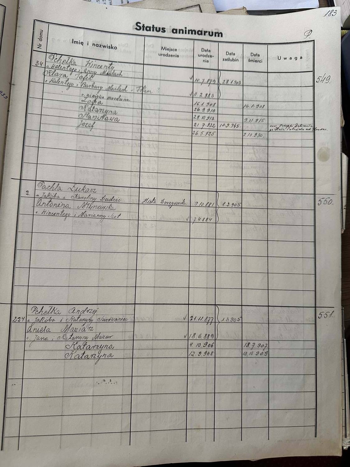 Status animarum page 183 with the Pchełka entries